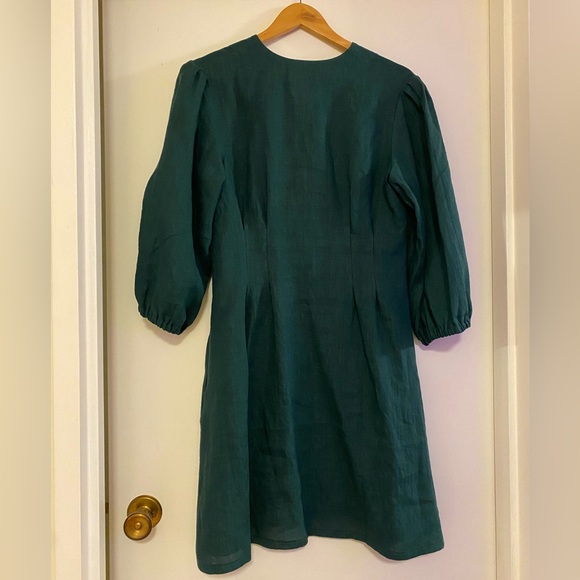 OldLinenMill emerald green linen 3/4 puff sleeve button-down dress. - Picture 5 of 7
